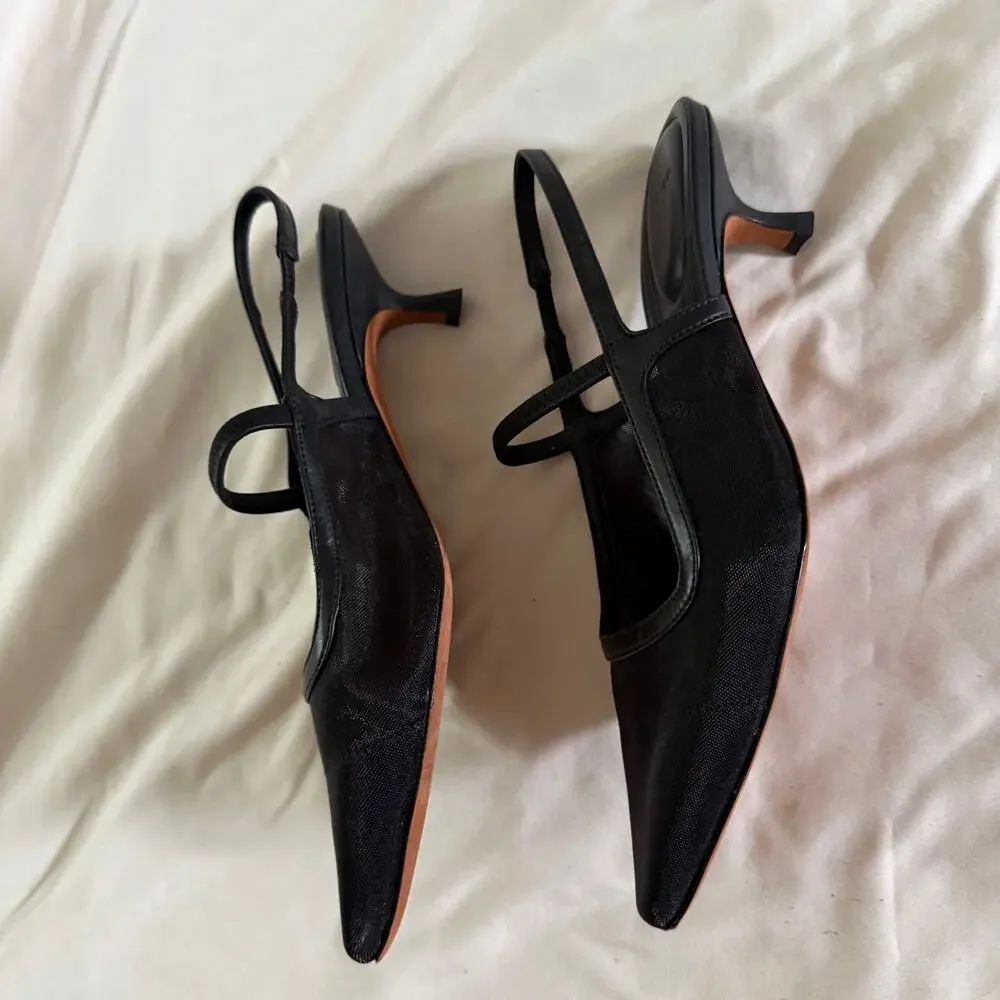 Vince Black Mesh Pointed Toe Mary Jane Strap Kitten Heel 7 Sling Back